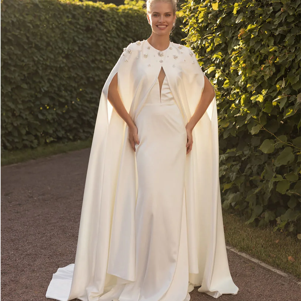 Mermaird-Robe de mariée en satin blanc avec cape, perles et cristal, robe élégante pour les patients, sur mesure, 2023