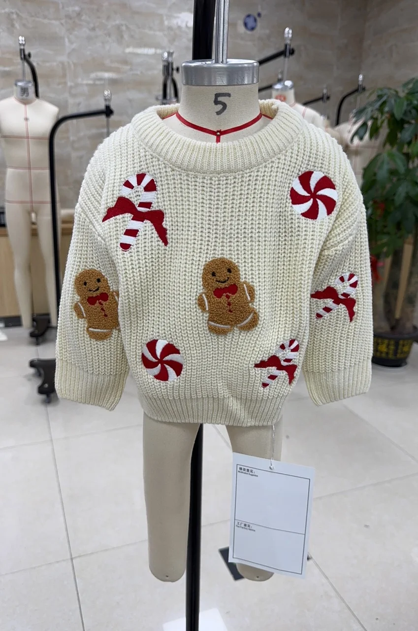 

Toddler Clothes Baby Christmas Sweater Candy Gingerbread Man Embroidered Ribbed Long Sleeve Xmas Knitted Tops