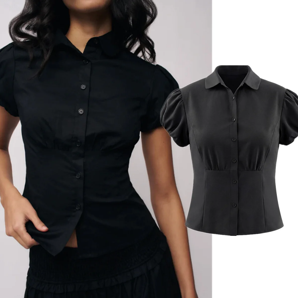 

Jenny&Dave Minimalist Black Shirt With French Retro Bubble Sleeves And Slim Fit Short Sleeved Shirt For Summer Blouse Women Tops