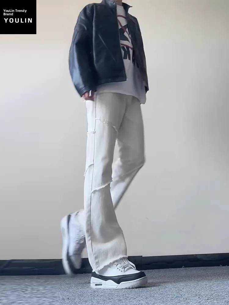 

Белые мужские джинсы прямого кроя в стиле High Street, весенне-осенние, с высокой талией, на молнии, повседневные, удобные, из денима