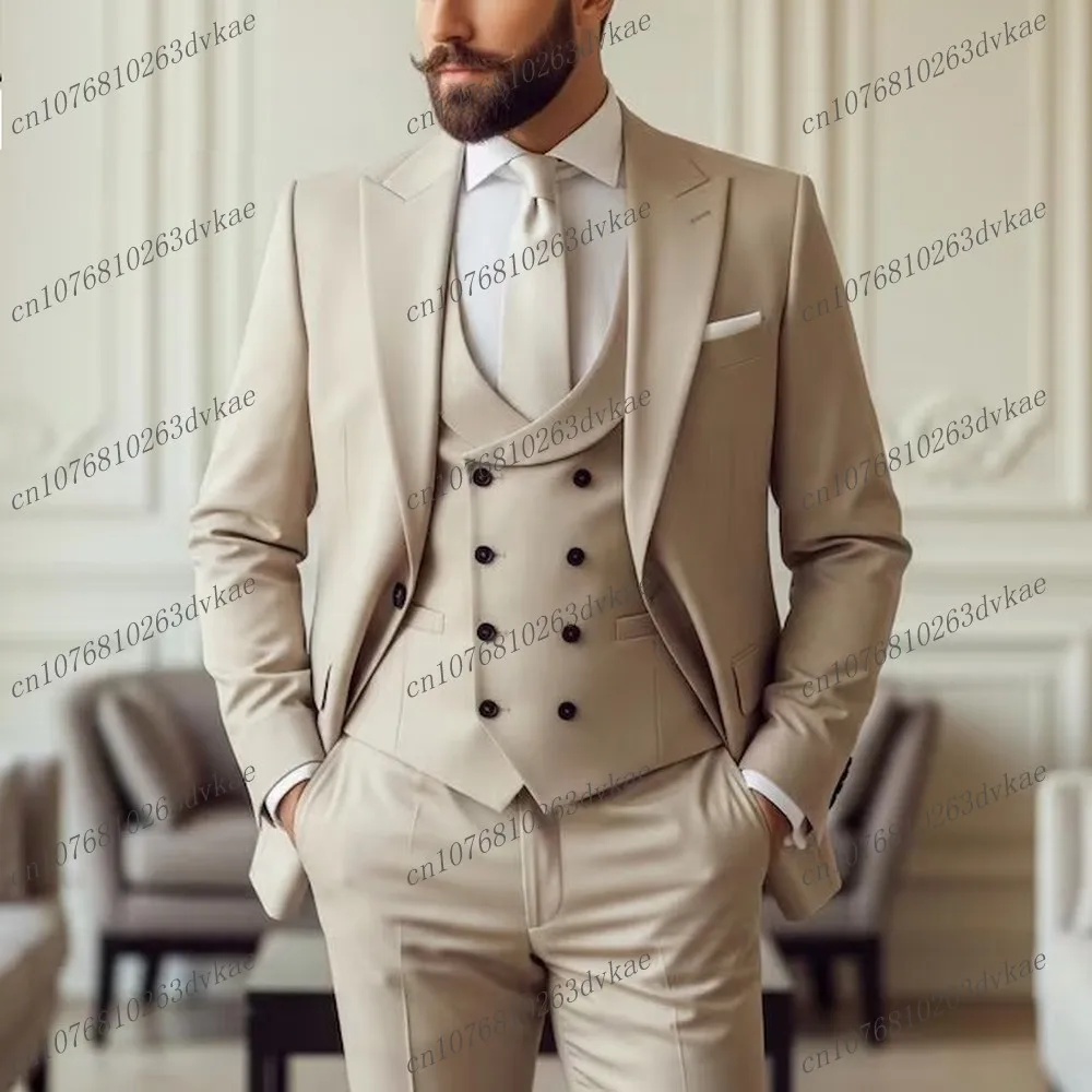 

New Formal Occasion Beige Business Men Suit Groom Groomsman Wedding Party Prom Male Tuxedos 3 Piece Set Blazer Vest Pants