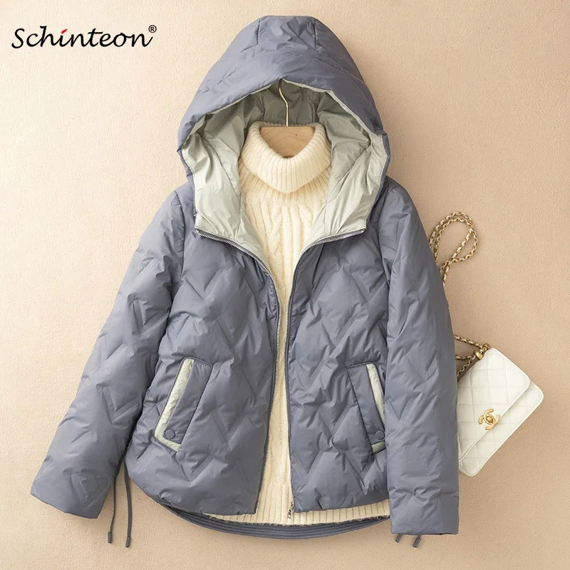 Schinteon Women 90% White Duck Down Jacket Loose Casual Autumn Winter Outwear Patchwork Coat with Hood 2026 New Arrival