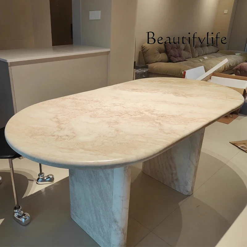 

M Natural Travertine Long Dining Table High-end Household Nordic Wabi Sabi Medieval Restaurant Marble Dining Table