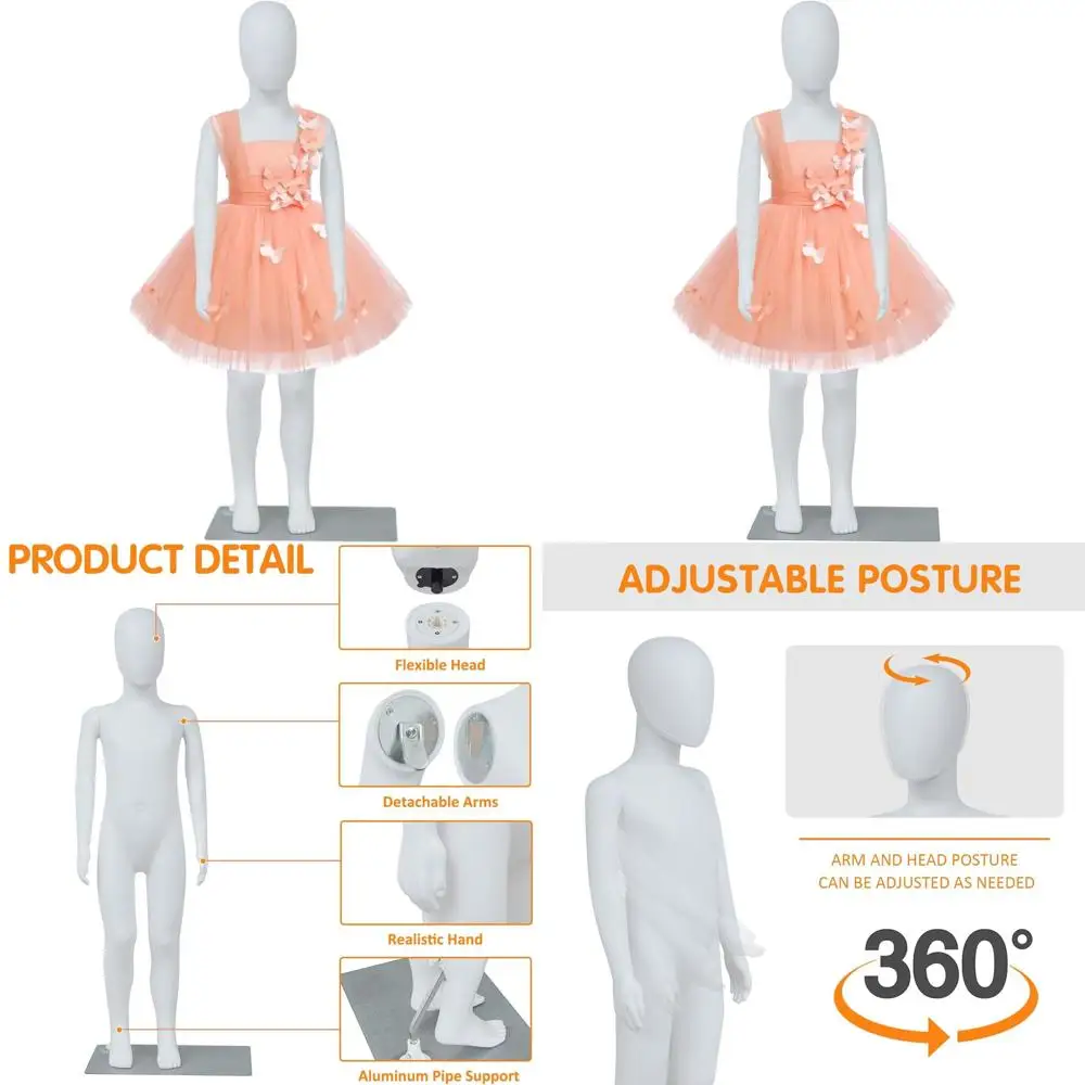

Child Mannequin, 43.3 Tall, Detachable, Adjustable for Boys/Girls, Metal Base, Ideal for Fashion Stores and Tailoring Shops (Whi