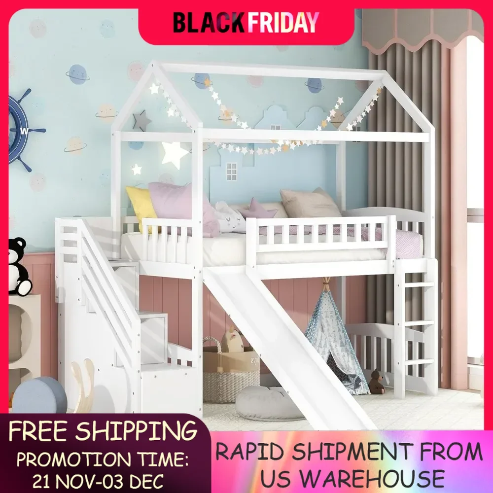 Loft Bed with Slide, House Loft Beds Twin Size with Step Storage Drawers Stairway Playhouse for Kids Toddlers Girls/Boys