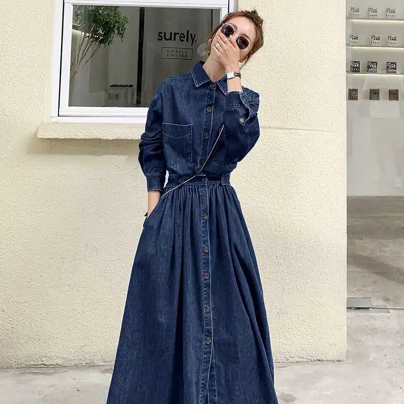 Women's Fashion Denim Long Dresses Spring Long Sleeve Dress Uzun Elbiseler Robe Vestidos Femenino Vestidos Longos Robes Longues