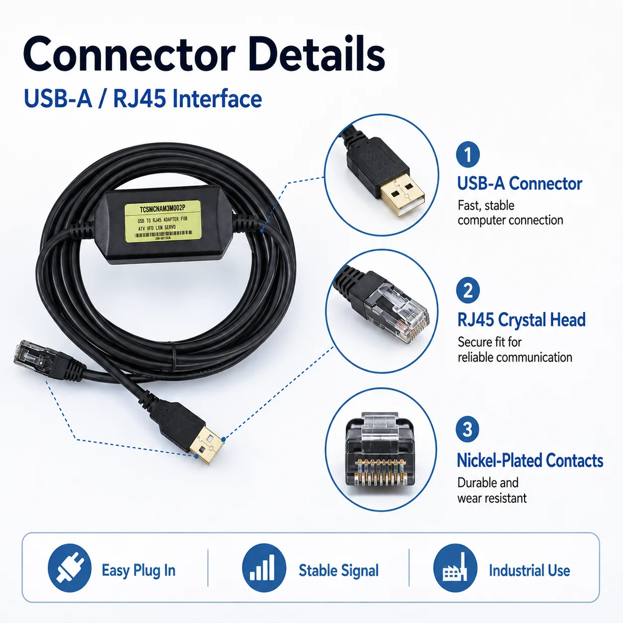 TCSMCNAM3M002P 3M Programming Cable, USB to RJ45 Debug Download Lead for Schneider ATV VFD and LXM Servo Drive, 10V