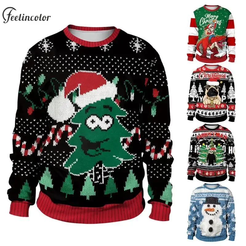 Christmas Tree Ugly Xmas Sweatshirt for Men Snowman Graphic Autumn Hoodies Puppy Wear A Santa Hat Funny Pullover Couple Clothes