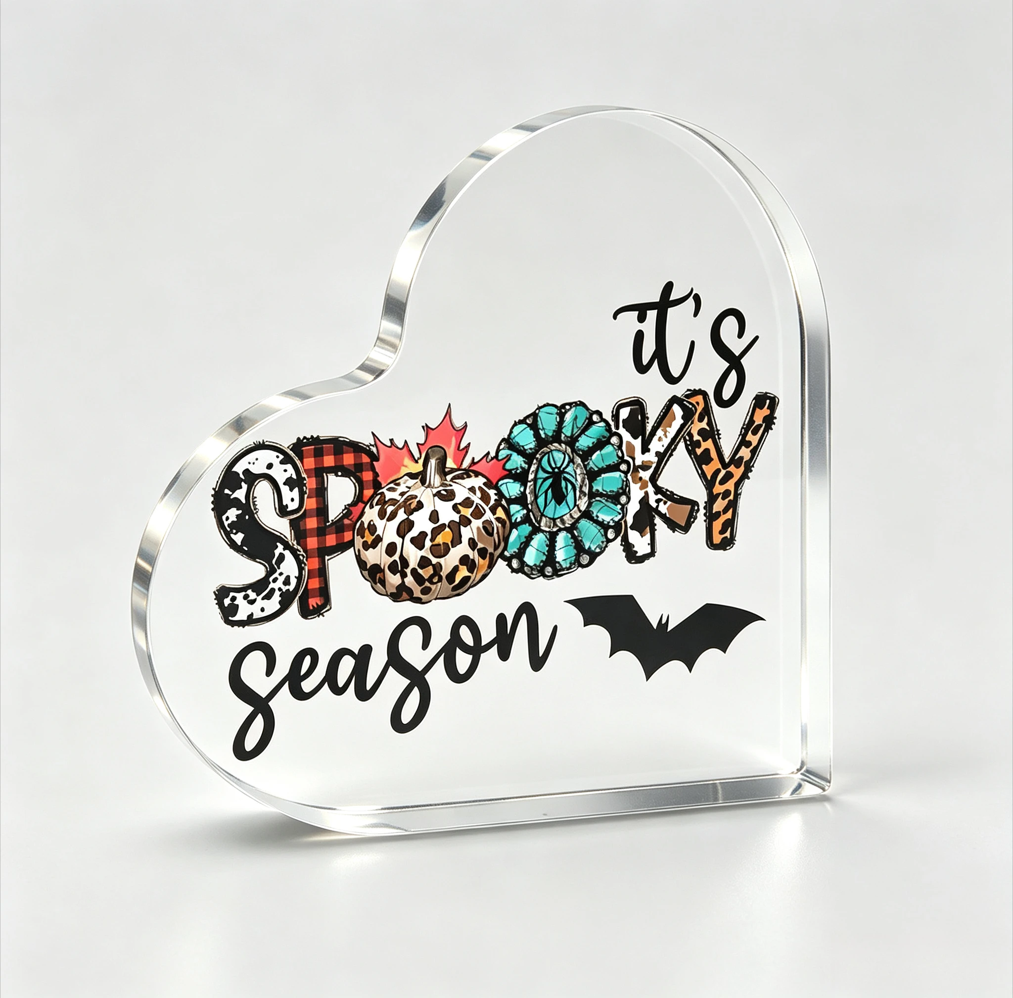 Heart Shape Acrylic Sign, It's Spooky Season Western Style Desktop Ornament, Leopard Pumpkin Plaid Bat Table Decor, Fall Halloween Home Holiday Gift