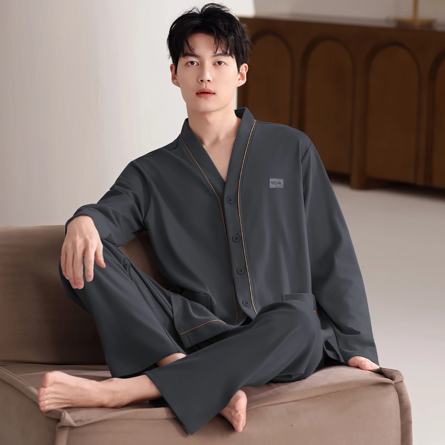 

Мужские хлопковые кардиганы с v-образным вырезом, однотонные пижамы, весенне-осенние повседневные удобные пижамы для мужчин, пижамные комплекты большого размера