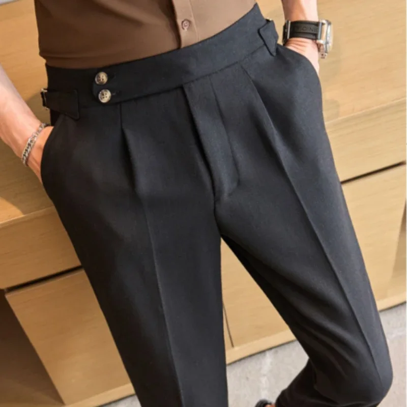 British Style Naples Men\'s High-end Linen Pants High Waist Straight Slim Fit Casual Trousers High Quality Solid Social Suit Pant