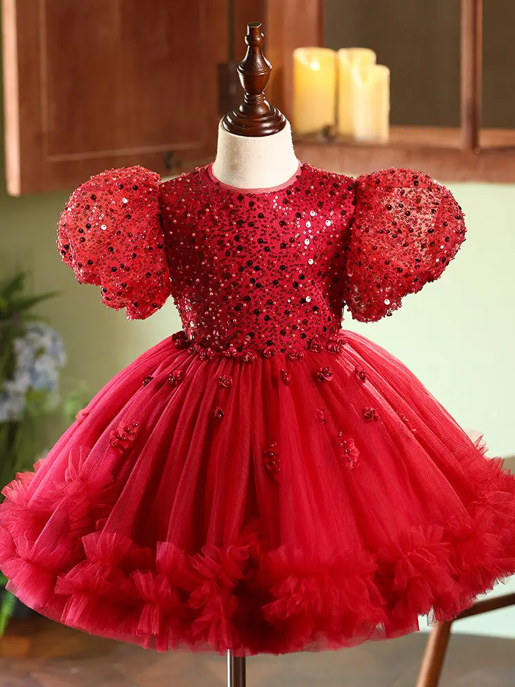 Custom Girls' Princ Sle Evening Gown Red High-End Feeling Birthday Host Children's Performance Clothes Flower Girl Wedding