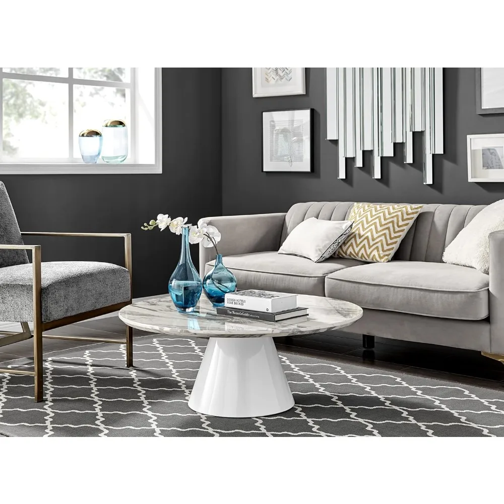 

Coffee Table - Palma Round Coffee Table - Contemporary Minimalist Coffee Table with Tapered Central Pillar - Whi