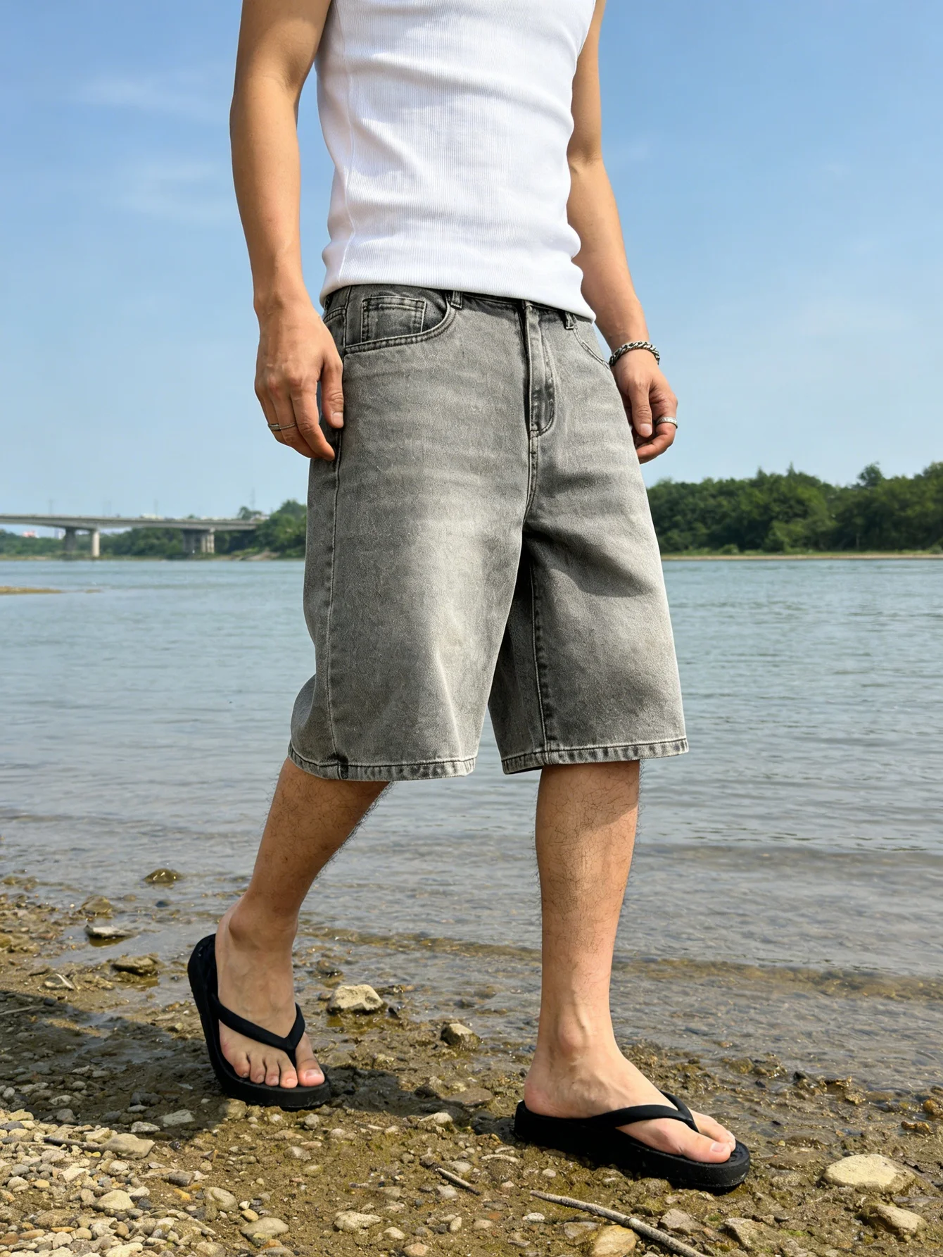 

Men's breathable loose denim jorts solid non stretch fabric black light gray casual daily basic denim shorts