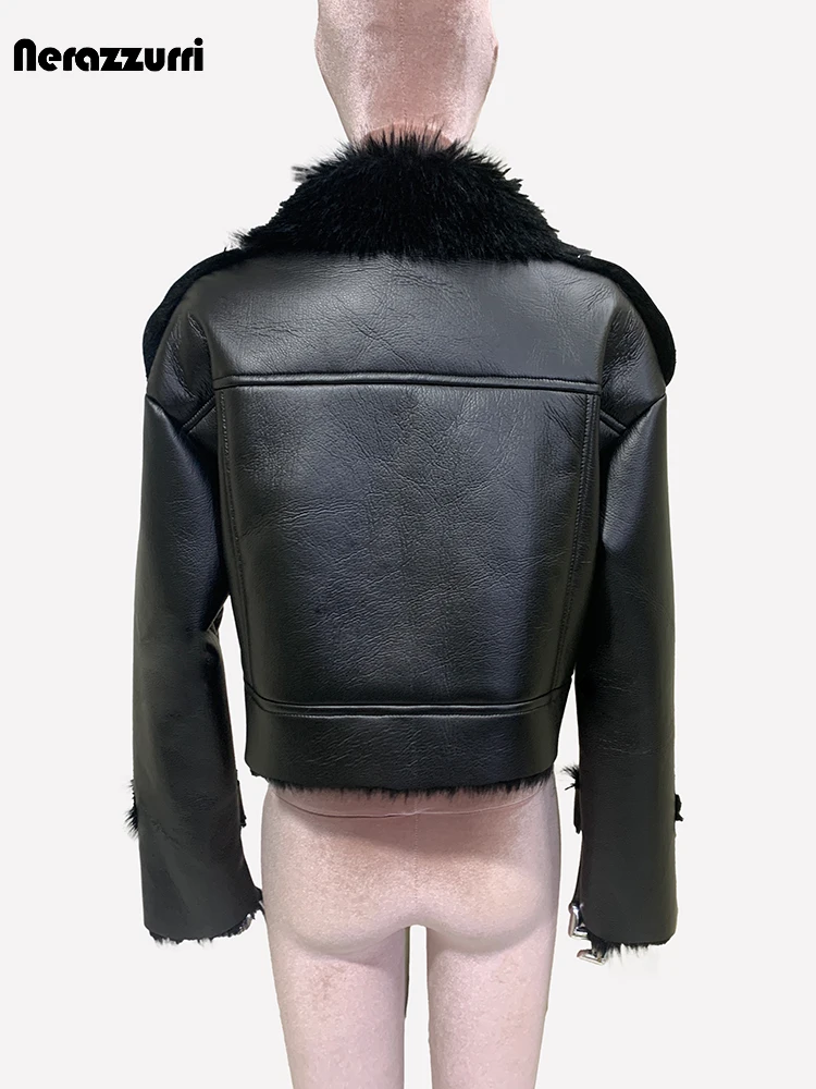 Nerazzurri Autumn Winter Cool Short Hairy Fluffy Thick Warm Black Faux Sheepskin Coat Women Shearling Moto & Biker Jacket 2024