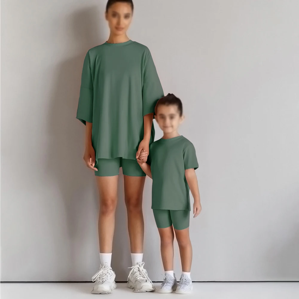 2026 familie Passenden Mutter Tochter Sommer Sets Solide Baumwolle Lounge Anzug Für Outfits Kleidung Jungen Mädchen Sport Leggings – Detail 5