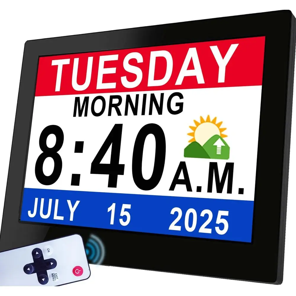 

8 Inch Dementia-Friendly Alarm Clock with Large Display, Auto DST, 10-Level Dimming, Full Date & Day Calendar, Power Adapter Inc