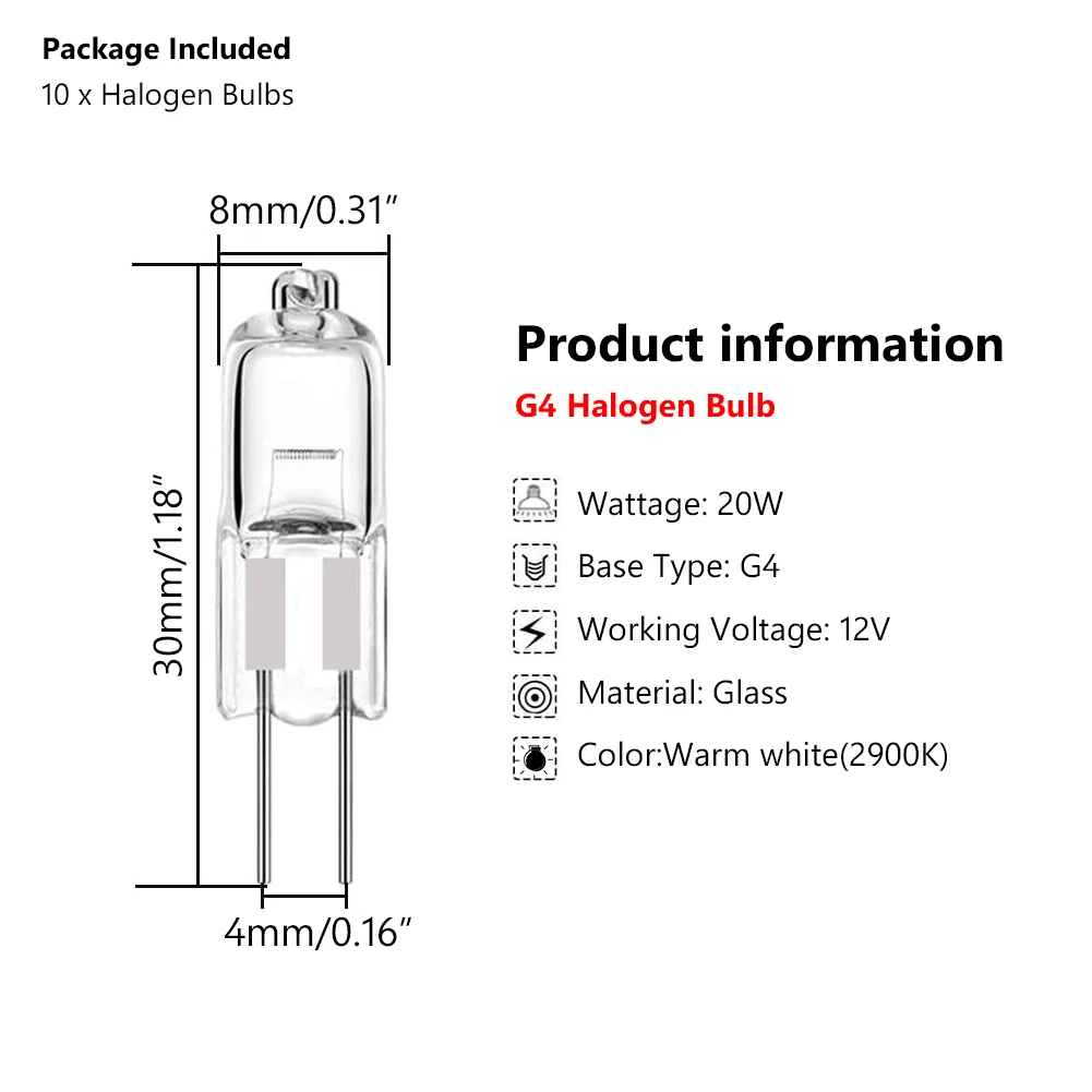 10pcs G4 Halogen Bulb 12V 5W 10W 20W 35W 50W G4 Halogen Bulbs Light Globe Lot JC Bi-Pin LED Lamp Warm White Replace LED Lamp