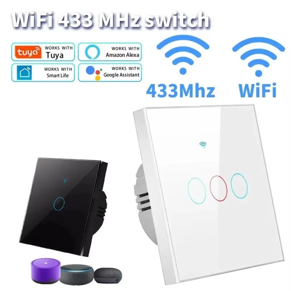 

Tuya WiFi Smart Switch EU Light Wall Touch Switch Work with Alexa Google Home No Neutral Wire 433RF Remote Sensor 1/2/3 Gang