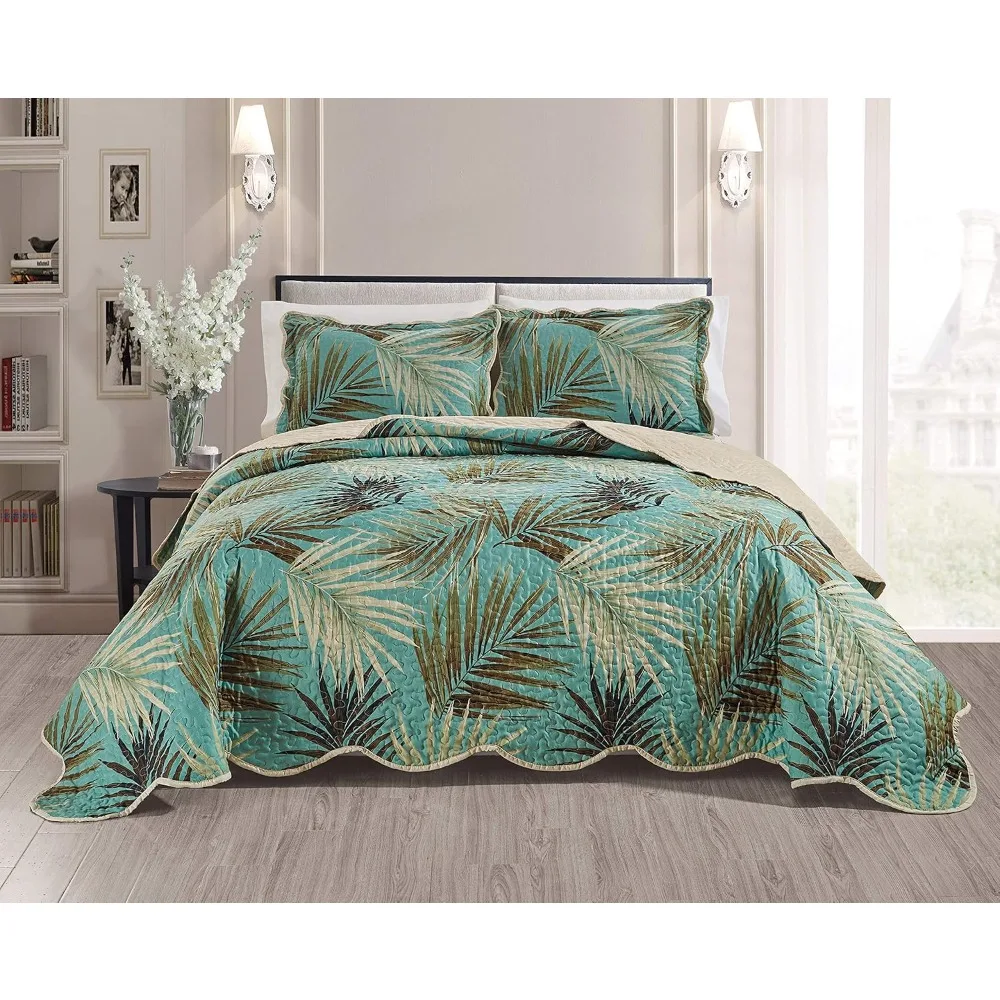 

Tropical Palm Leaves 3-Piece Oversized Quilt Set for King Size Bed in Sage