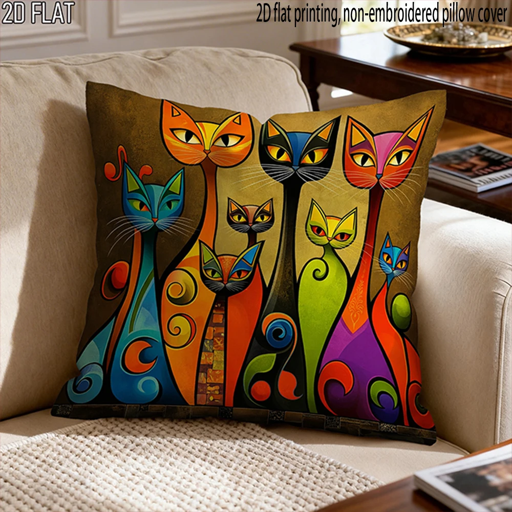 1PC Retro Mid Century Cat Art Pillow Cover Elegant interior decoration pillow cover, invisible zipper, no pillow core