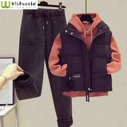 New Korean Casual Vest in Autumn and Winter+loose Hooded Top+slim Fitting Woolen Trousers Three Piece Fashion Suit