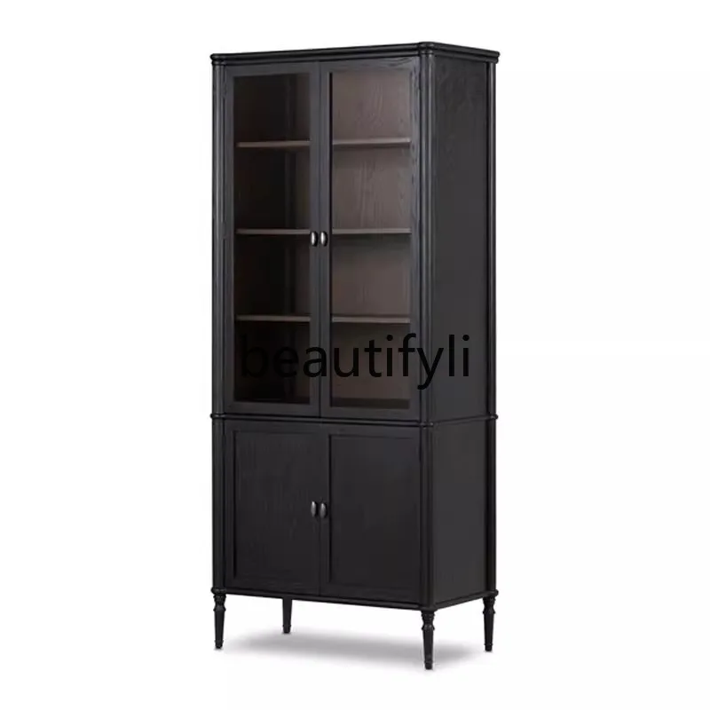 

American Light Luxury Solid Wood Bookcase Nordic Sideboard Black Arched Glass Door Decorative Bookshelf French Style