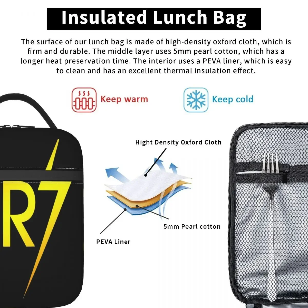 CR7 Football Ronaldo Soccer Insulated Lunch Bag Large Lunch Container Thermal Bag Tote Lunch Box School Outdoor Food Bag