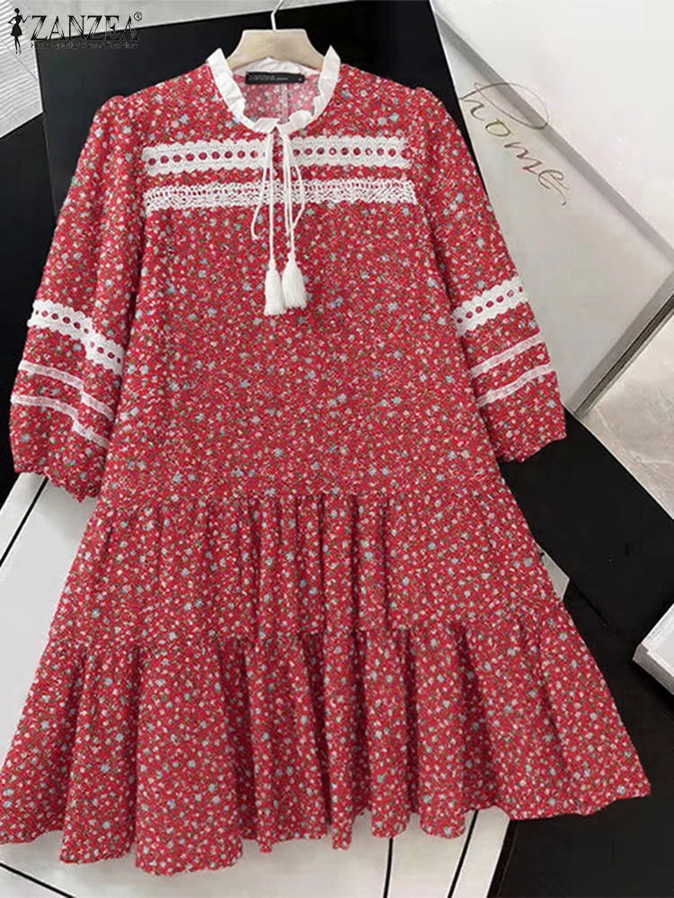 

ZANZEA Autumn Floral Printe Dress 2025 Women Fashion Lace-Up Sundress Casual Loose Lace Patchwork Vestidos Elegant Pleated Robe
