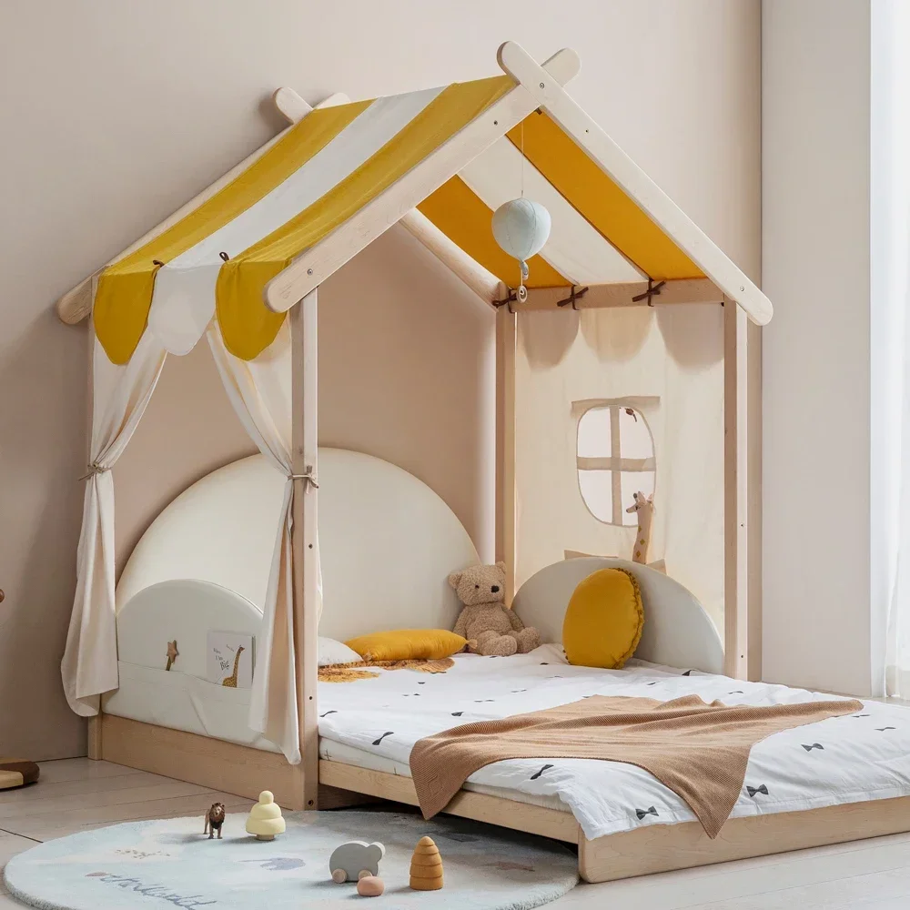 Extended bed, floor-to-ceiling can be raised and played Solid wood tent Children's bed