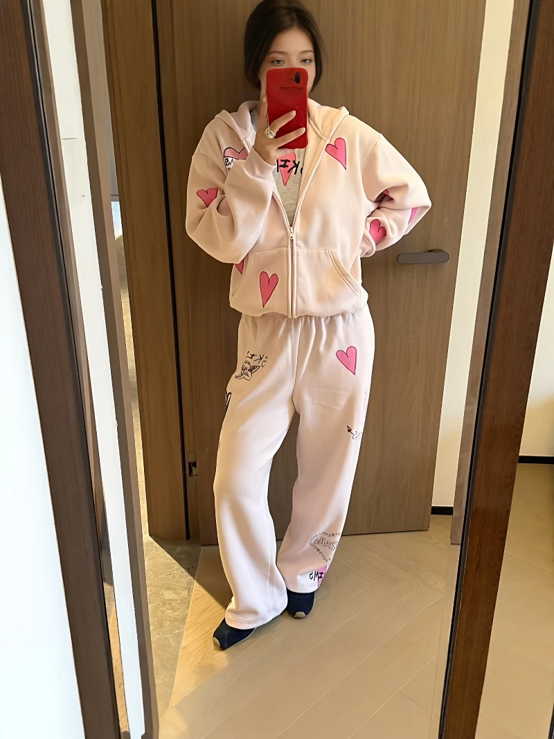 

Vntine's Day Limited Edition Hoodie Zipper Hat Straight Leg Pants Set Casual Sle Women's Faion Ensemble Cotton Blend