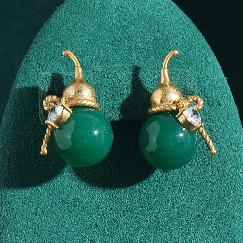 

Vintage Green Earrings Jade Studs Jewelry Chinese Style Luxury Glass Gourd Gold Color Woman Antique Designer Brands High Quality