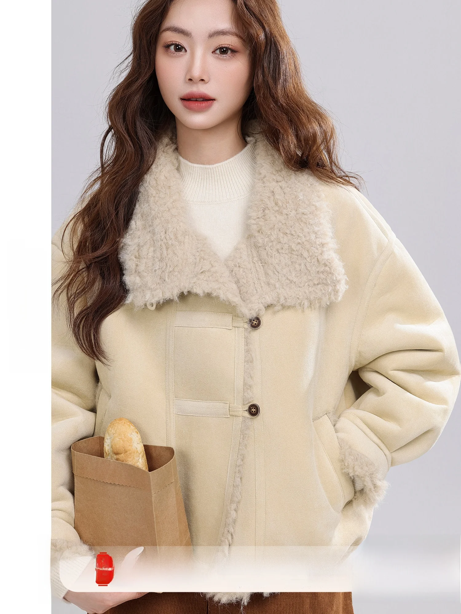 

Warmth Inteated Leather And Fur Coat Turn-down Collar Korean Sle Women's Outerwear Loose Fit Long Sve Fce Lined