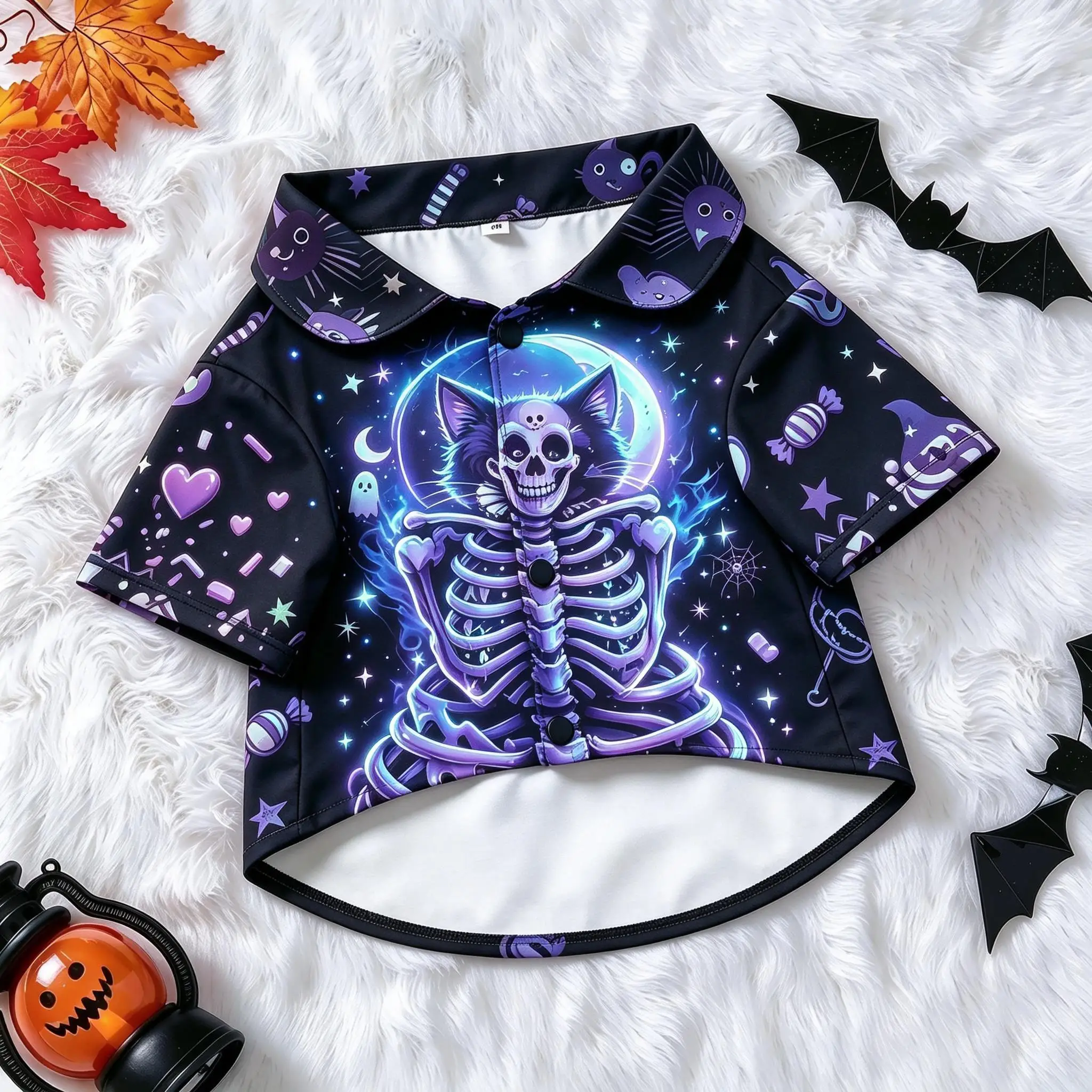 Pet Dog Shirt Purple Glowing Cat Skeleton Bones Print Lightweight Button Up for Small Medium Dogs Spooky Magic Theme Party Wear
