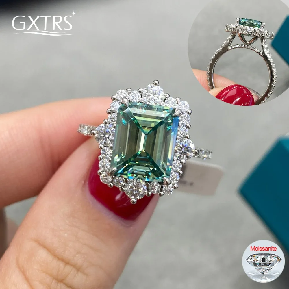 

GXTRS 4CT Emerald Cut Green Moissanite Rings Women S925 Silver Luxury Diamond Party Band 18K Plated Fine Jewelry GRA Certified