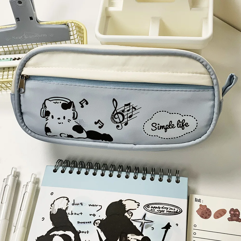 Estuche de lápices portátil de gran capacidad, lindo gatito japonés para escuchar música, Kawaii Cat Girl, bolsa para bolígrafos, papelería,