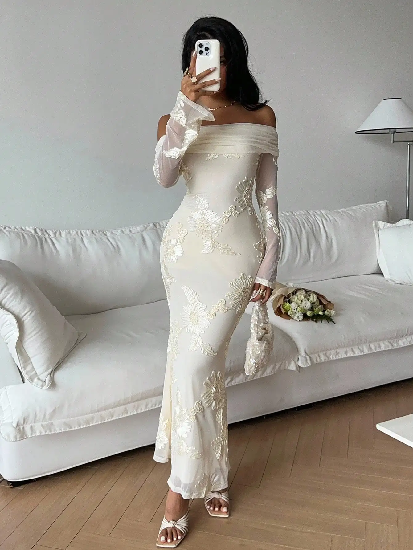 

Off-Shoulder Floral Embroidered Sheer Long Dress for Evening Events