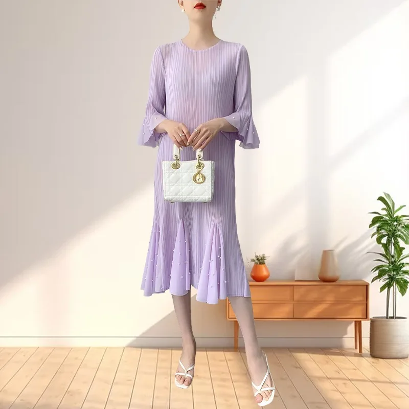 

Miyake Original Design Beaded Pleated French Purple Dress 2025 Summer Medium-length Temperament Flared Sleeves Gentle Elegant