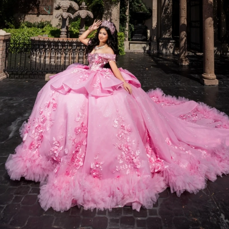 

Pink Shiny Quinceanera Dresses Off The Shoulder Applique Flower Beading Crystal Bow Tiered Tull Party Birthday Sweet 16 Dress