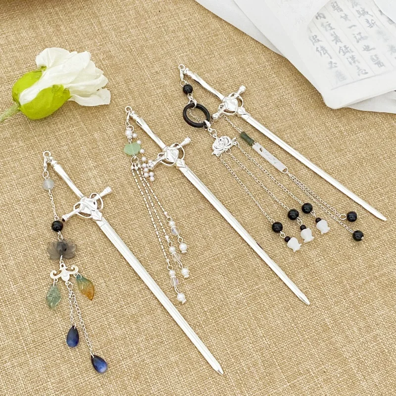 جديد النمط الصيني القديم السيف شرابة دبوس الشعر مع الراقية FeelHanfu أغطية الرأس الحصان الوجه تنورة تشيباو دبوس الشعر ملفوف دبوس الشعر