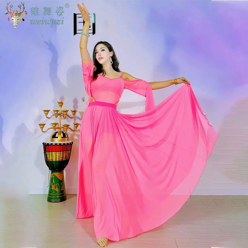

Belly Dance Costume Set for Women Mesh Long Sleeves Top+gauze Long Skirt Training Set Sexy Oriental Belly Dancing Wear Outfit