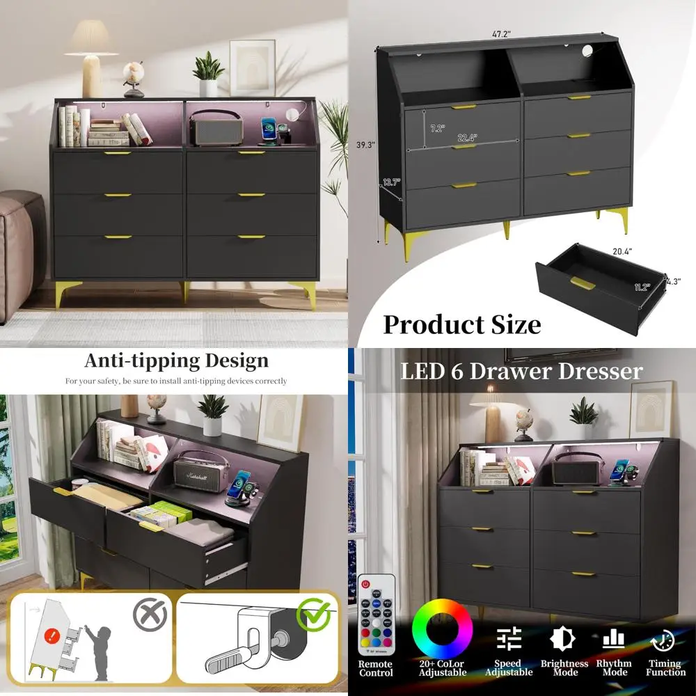 cômoda iluminada de 6 gavetas com estação de carregamento para quarto
