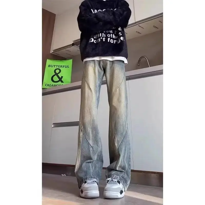 

Ретро американские джинсы High Street Distred, мужские свободные прямые брюки для похудения, модные брендовые крутые брюки Vibe