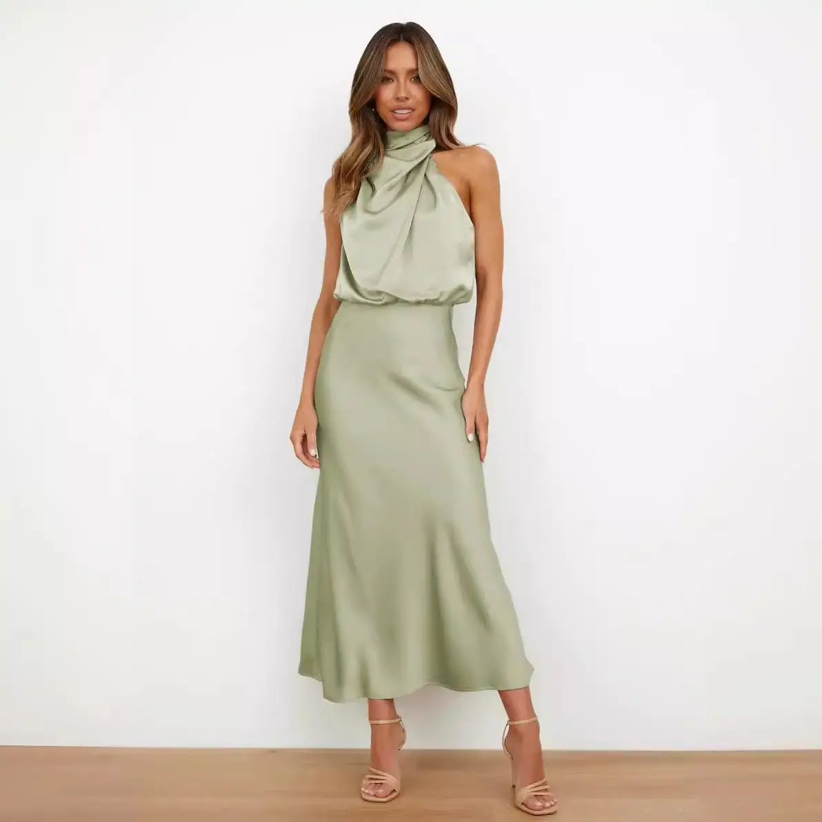 Ele Satin Svel Dr Light robe de soirée taille moyenne jupe trapèze v-ne Busin décontracté vêtements de maison automne Faion