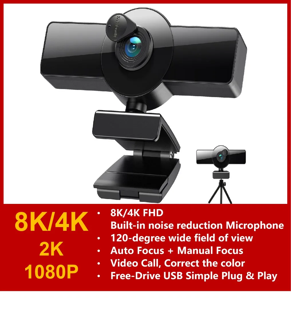 XJ 8K 4k Web Cam HD Video Camera Webcams PC 120 Wide Angle Webcam USB Autofocus Cammera for Streaming PC Laptop Computer