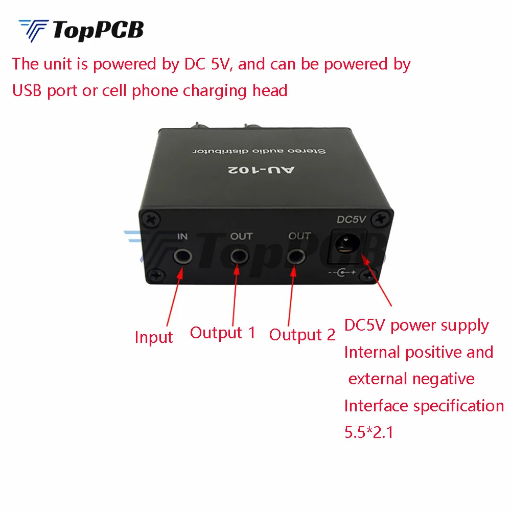 AU-102 Stereo Audio Distributor 1 Input 2 Output Music Signal Pre-amplifier Headphone Amp DC 5V 5.5*2.1MM 3.5mm Volume Control