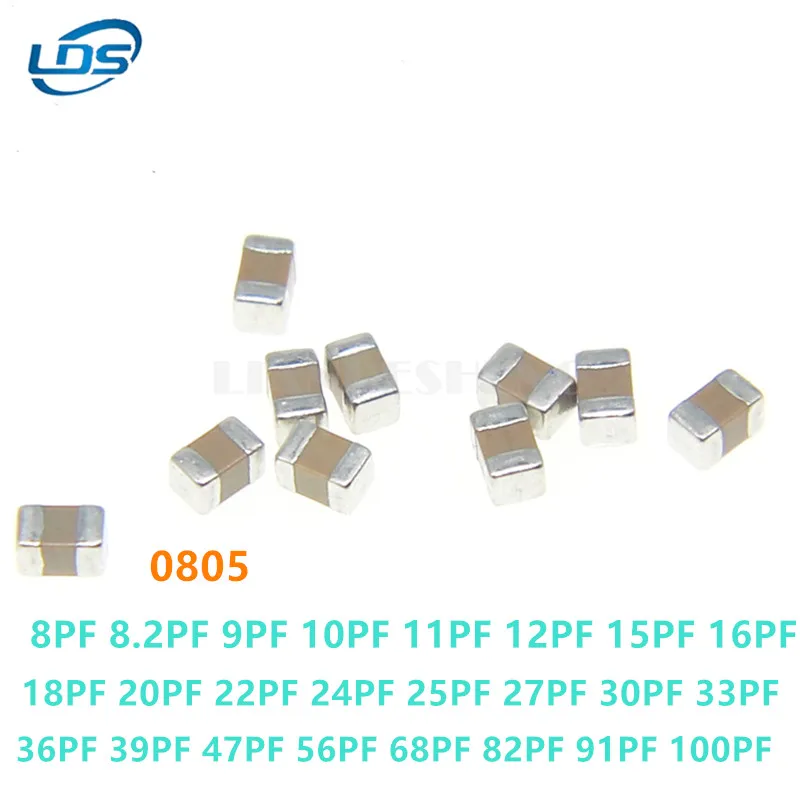 100pcs SMD Ceramic Capacitor 0805 8pF 8.2pF 9pF 10pF 11pF 12pF 15pF 18pF 20pF 22pF 24pF 27pF 30pF 33pF 36pF 39pF 47pF 56pF 68pF