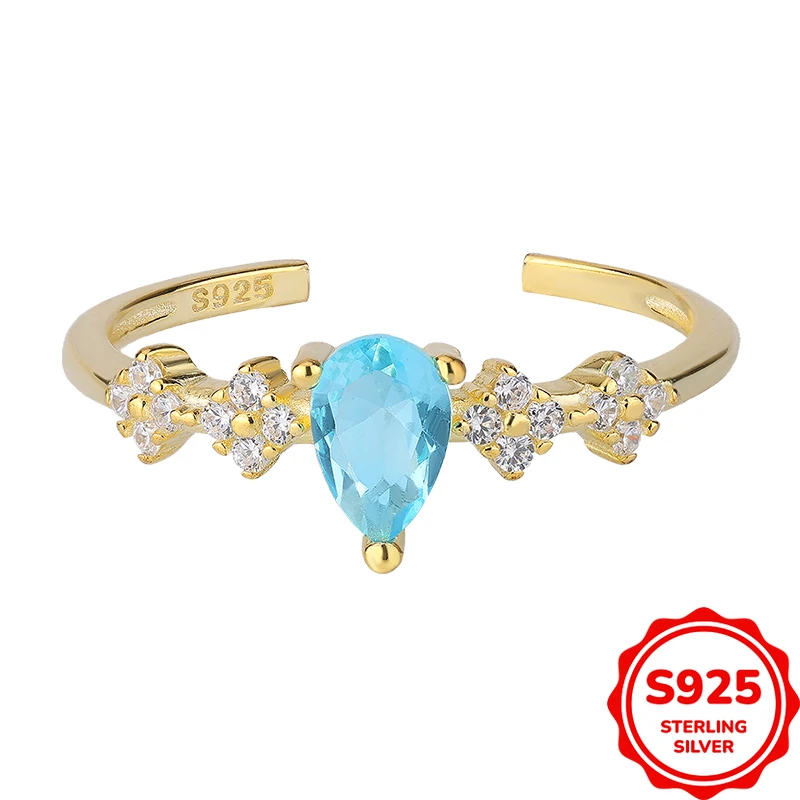 

Fairy Elegant Genuine S925 Silver Ocean Blue Water Drop Open Ring