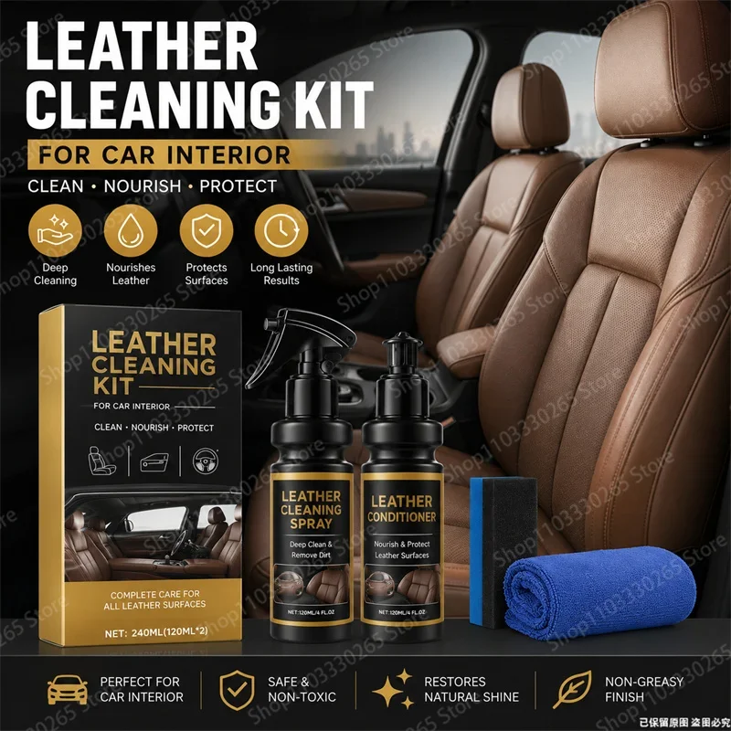 Premium Leather Cleaning Kit For Car Interior Deep Clean Nourish Protect Renew Shine With Sponge Towel For Home Sofa Seat