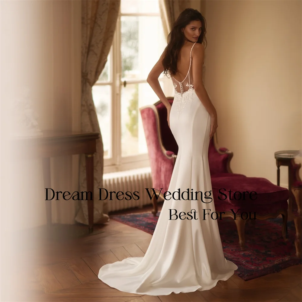 DREAM Lace Appliqued V-Neck Pleat Mermaid Wedding Dress Spaghetti Straps Split Backless Bridal Gown Vestidos De Novia Customized